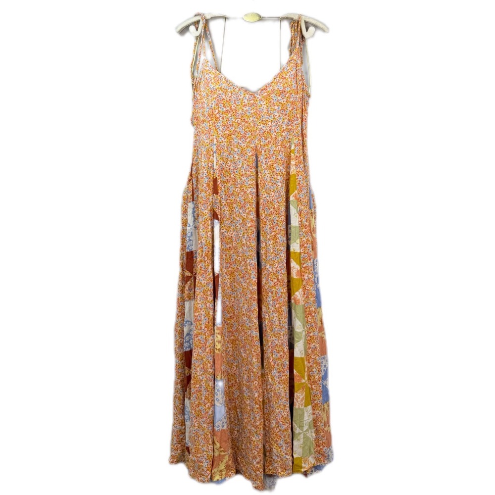Billabong Womens Floral Patchwork Maxi Dress Orange Boho Tie Strap Size Medium